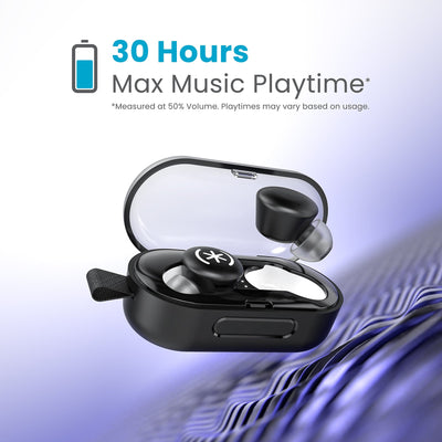 Tilted three-quarter angled view of earbud case open with one earbud hovering above it's indentation and the other locked into the case. 30 hours max music playtime (measured at 50% volume - playtimes may vary based on usage).#color_black-white