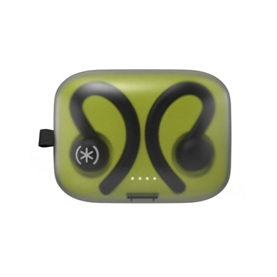 Straight-on top view of earbuds in their case with lid closed.#color_sport-black-momentum-green