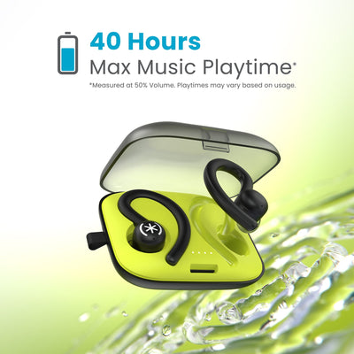 Tilted three-quarter angled view of earbud case open with one earbud hovering above it's indentation and the other locked into the case. 40 hours max music playtime (measured at 50% volume - playtimes may vary based on usage).#color_sport-black-momentum-green