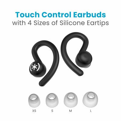 Top view of both earbuds next to each other without case and four sizes of silicone tips below them. Touch control earbuds with four sizes of silicone eartips - extra small, small, medium, and large.#color_sport-black-momentum-green