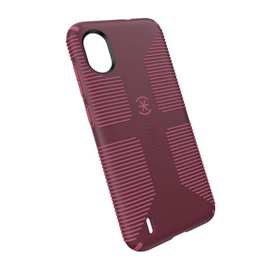 Tilted three-quarter angled view of back of phone case.#color_rusty-red-currant-red