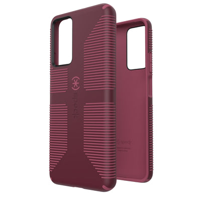 Three-quarter view of back of phone case simultaneously shown with three-quarter front view of phone case.#color_rusty-red-currant-red