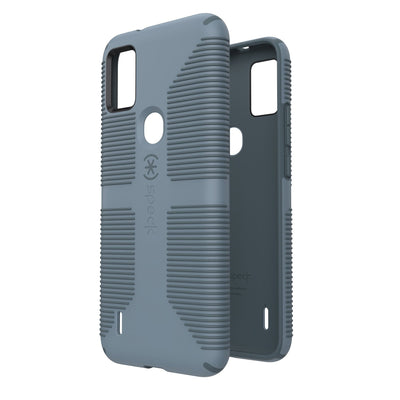 Three-quarter view of back of phone case simultaneously shown with three-quarter front view of phone case.#color_green-mist-tropical-olive