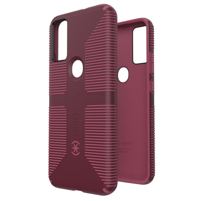 Three-quarter view of back of phone case simultaneously shown with three-quarter front view of phone case.#color_rusty-red-currant-red