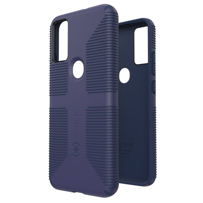 Three-quarter view of back of phone case simultaneously shown with three-quarter front view of phone case.#color_thunder-blue-space-blue
