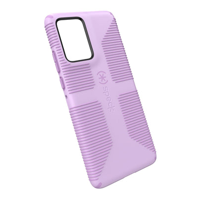 Tilted three-quarter angled view of back of phone case#color_phlox-purple-pale-iris