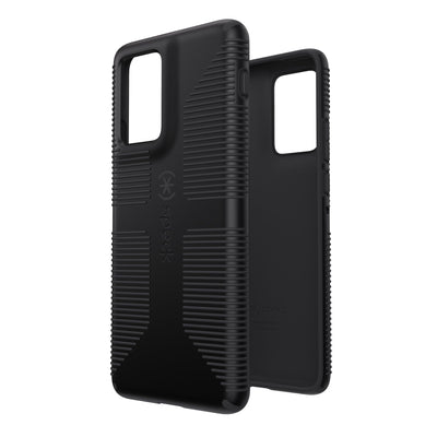 Three-quarter view of back of phone case simultaneously shown with three-quarter front view of phone case#color_black-shadow