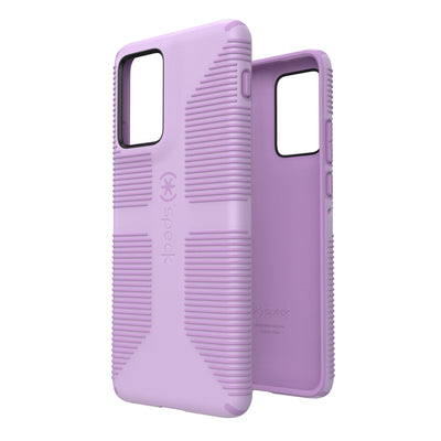 Three-quarter view of back of phone case simultaneously shown with three-quarter front view of phone case#color_phlox-purple-pale-iris