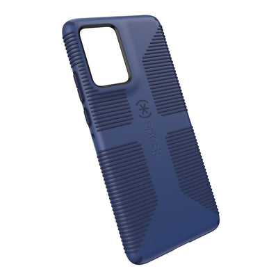 Tilted three-quarter angled view of back of phone case#color_true-blue-fresh-indigo