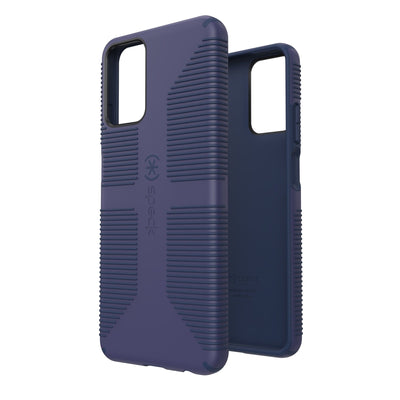 Three-quarter view of back of phone case simultaneously shown with three-quarter front view of phone case#color_thunder-blue-space-blue