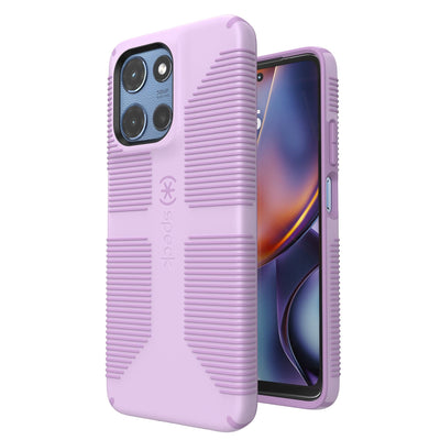 Three-quarter view of back of phone case simultaneously shown with three-quarter front view of phone case#color_phlox-purple-pale-iris