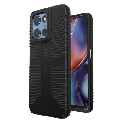 Three-quarter view of back of phone case simultaneously shown with three-quarter front view of phone case#color_black-shadow