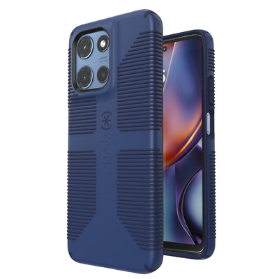 Three-quarter view of back of phone case simultaneously shown with three-quarter front view of phone case#color_true-blue-fresh-indigo