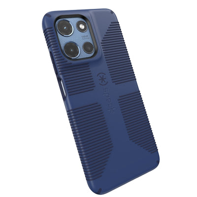 Tilted three-quarter angled view of back of phone case#color_true-blue-fresh-indigo