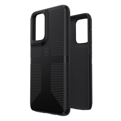 Three-quarter view of back of phone case simultaneously shown with three-quarter front view of phone case#color_black-shadow