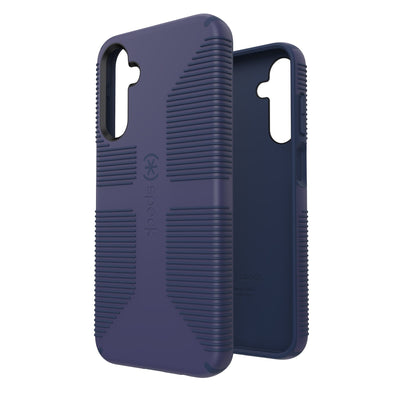 Three-quarter view of back of phone case simultaneously shown with three-quarter front view of phone case#color_thunder-blue-space-blue