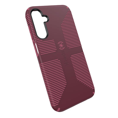 Tilted three-quarter angled view of back of phone case#color_rusty-red-currant-red
