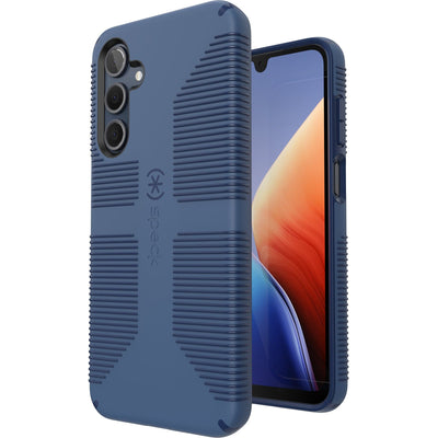 Three-quarter view of back of phone case simultaneously shown with three-quarter front view of phone case#color_true-blue-fresh-indigo