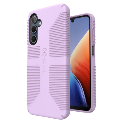 Three-quarter view of back of phone case simultaneously shown with three-quarter front view of phone case#color_phlox-purple-pale-iris