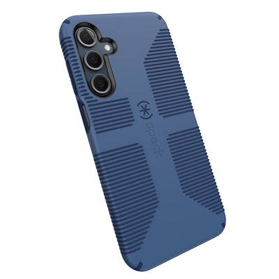 Tilted three-quarter angled view of back of phone case#color_true-blue-fresh-indigo