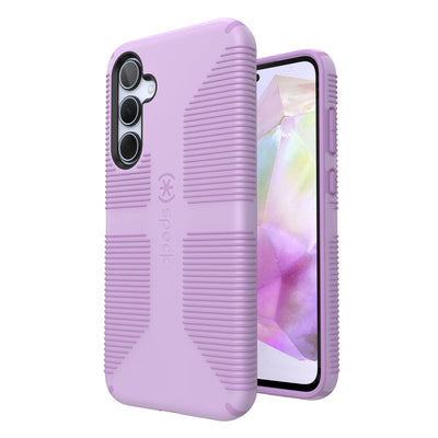 Three-quarter view of back of phone case simultaneously shown with three-quarter front view of phone case#color_phlox-purple-pale-iris