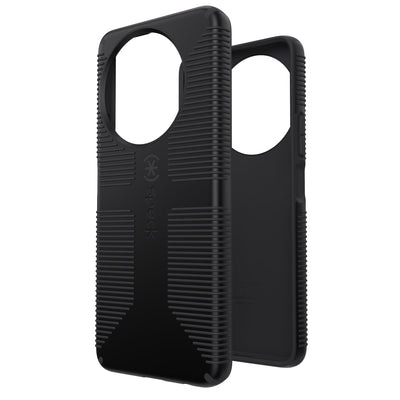 Three-quarter view of back of phone case simultaneously shown with three-quarter front view of phone case#color_black-shadow