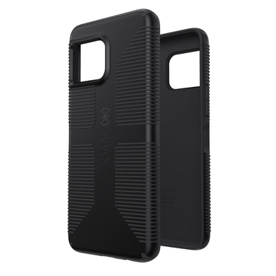 Three-quarter view of back of phone case simultaneously shown with three-quarter front view of phone case#color_black-shadow