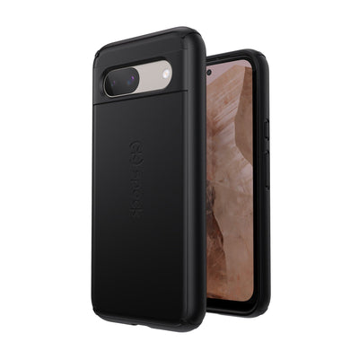 Three-quarter view of back of phone case simultaneously shown with three-quarter front view of phone case#color_black