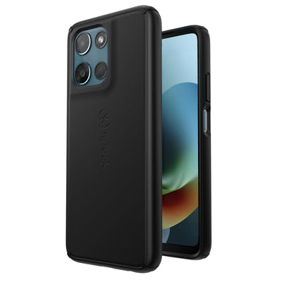 Three-quarter view of back of phone case simultaneously shown with three-quarter front view of phone case#color_black