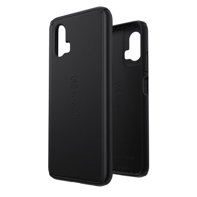 Three-quarter view of back of phone case simultaneously shown with three-quarter front view of phone case#color_black