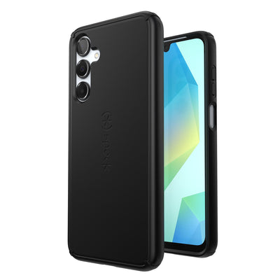 Three-quarter view of back of phone case simultaneously shown with three-quarter front view of phone case#color_black