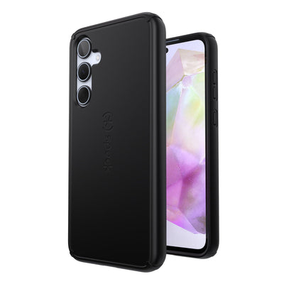 Three-quarter view of back of phone case simultaneously shown with three-quarter front view of phone case#color_black