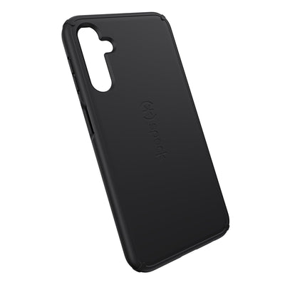 Tilted three-quarter angled view of back of phone case.#color_black