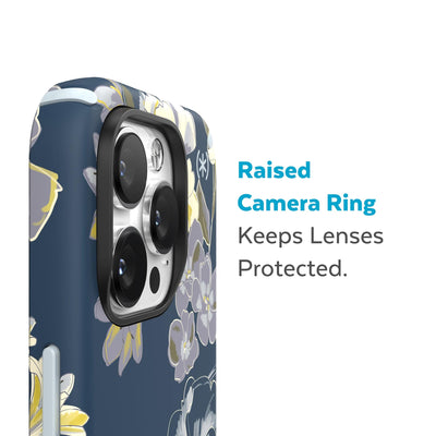 Slightly tilted view of side of phone case showing phone cameras - Raised camera ring keeps lenses protected.#color_artistic-floral-tear-blue