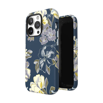 Three-quarter view of back of phone case simultaneously shown with three-quarter front view of phone case#color_artistic-floral-tear-blue