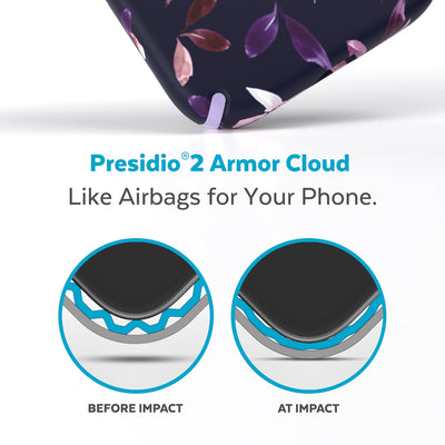 View of corner of phone case impacting ground with illustrations showing before and after impact - Presidio2 Armor Cloud. Like airbags for your phone.#color_spring-purple-violet-floral