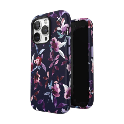 Three-quarter view of back of phone case simultaneously shown with three-quarter front view of phone case#color_violet-floral-spring-purple