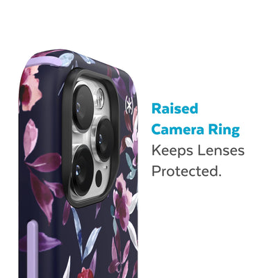 Slightly tilted view of side of phone case showing phone cameras - Raised camera ring keeps lenses protected.#color_violet-floral-spring-purple