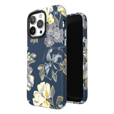 Three-quarter view of back of phone case simultaneously shown with three-quarter front view of phone case#color_artistic-floral-tear-blue