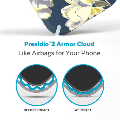 View of corner of phone case impacting ground with illustrations showing before and after impact - Presidio2 Armor Cloud. Like airbags for your phone.#color_artistic-floral-tear-blue