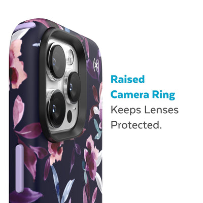 Slightly tilted view of side of phone case showing phone cameras - Raised camera ring keeps lenses protected.#color_violet-floral-spring-purple