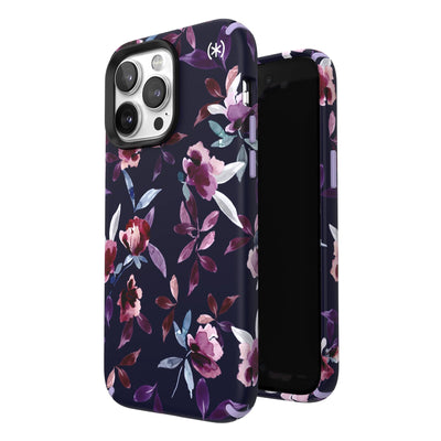 Three-quarter view of back of phone case simultaneously shown with three-quarter front view of phone case#color_violet-floral-spring-purple