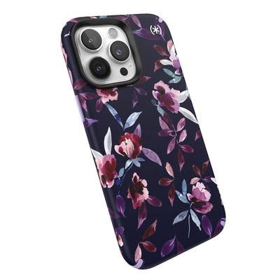 Tilted three-quarter angled view of back of phone case#color_violet-floral-spring-purple