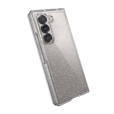 Tilted three-quarter angled view of back of fully closed fold phone in case