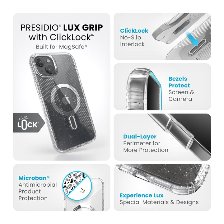 Speck Presidio Lux Glitter Grip MagSafe with ClickLock iPhone 15