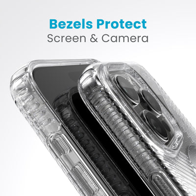 A case with phone inside with camera facing up is lying on top of a case with phone inside with screen facing up. Both are at a sharp angle clearly showing case's raised bezels around screen and camera. Text reads bezels protect screen and camera.#color_clear-platinum-glitter