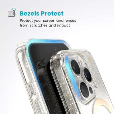 Raised bezels around phone screen and camera are highlighted. Text reads Bezels Protect: Protect your screen and lenses from scratches and impact#color_clear-gold-glitter