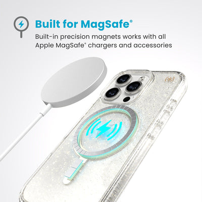 A MagSafe charger hovers over the back of the phone case. Text reads Built for MagSafe: Built-in precision magnets works with all Apple MagSafe chargers and accessories#color_clear-gold-glitter