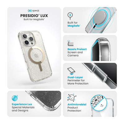 Various close-ups of case are shown. Text reads Speck Presidio Lux Glitter MagSafe: Experience Lux - special materials and designs, built for MagSafe, bezels protect screen and camera, dual-layer perimeter for more protection, antimicrobial product protection#color_clear-gold-glitter