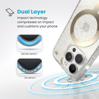 A corner of the case impacts the ground - a diagram shows interior cushion of phone before impact and on impact. Text reads Dual Layer: Impact technology compresses on impact and cushions your phone#color_clear-gold-glitter